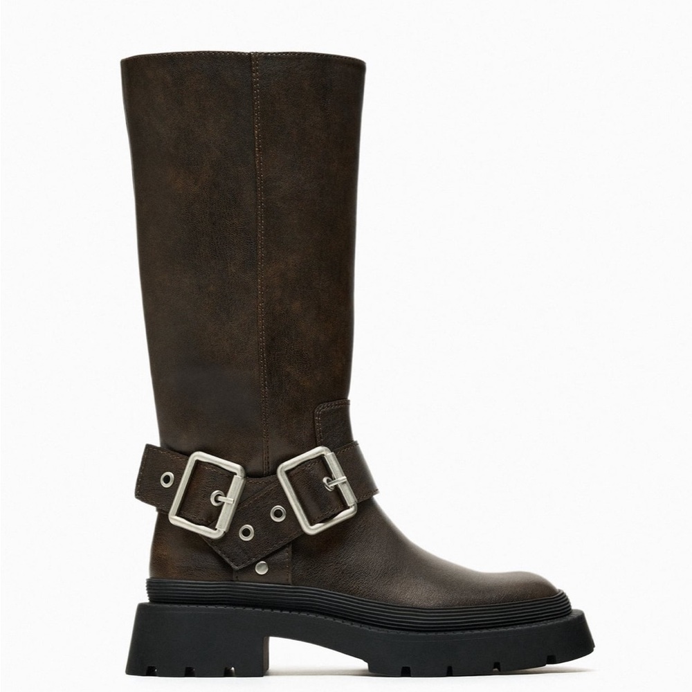 NWT Zara Buckled Flat Lug Sole Boot